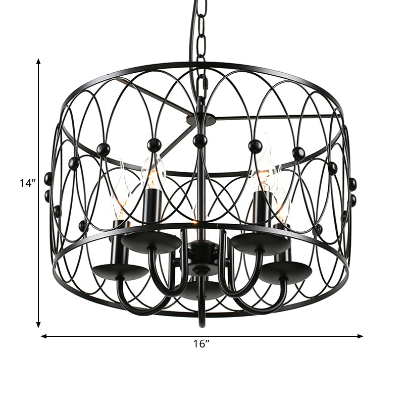 Black Finish Drum Hanging Light with Cage Shade Vintage Style Metal 6 Heads Dining Room Chandelier Lamp