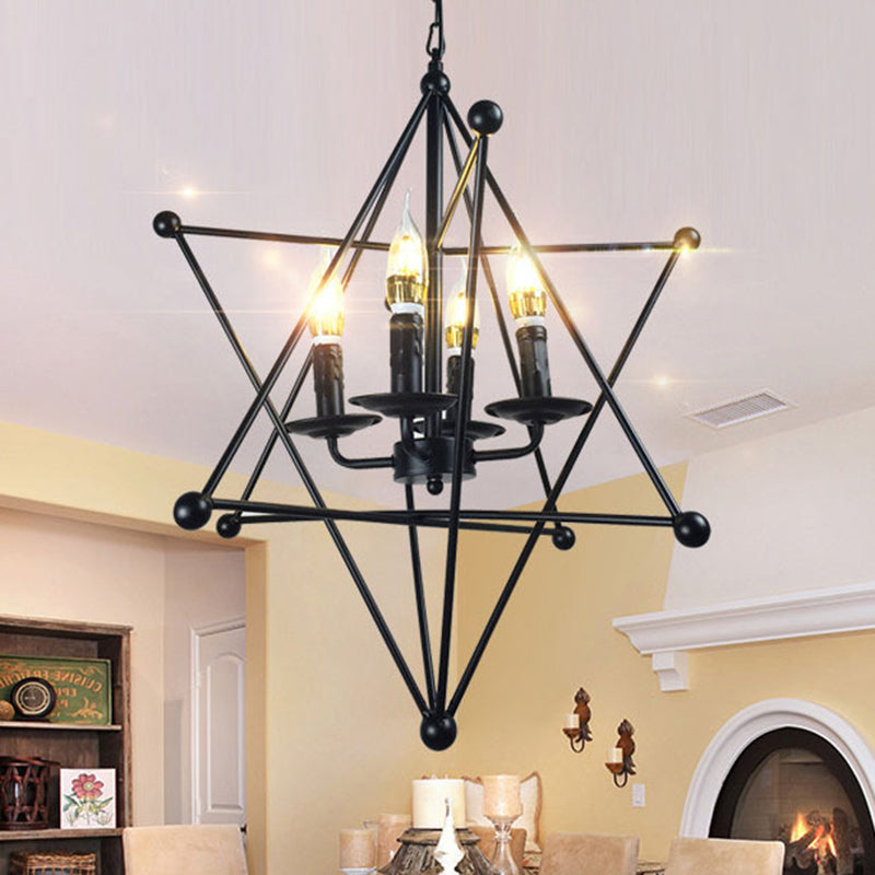 Black Star Cage Chandelier Pendant Light with Candle Retro Style Iron 4 Heads Dining Room Ceiling Light