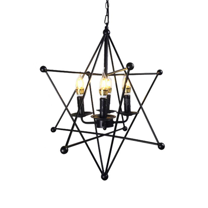 Black Star Cage Chandelier Pendant Light with Candle Retro Style Iron 4 Heads Dining Room Ceiling Light