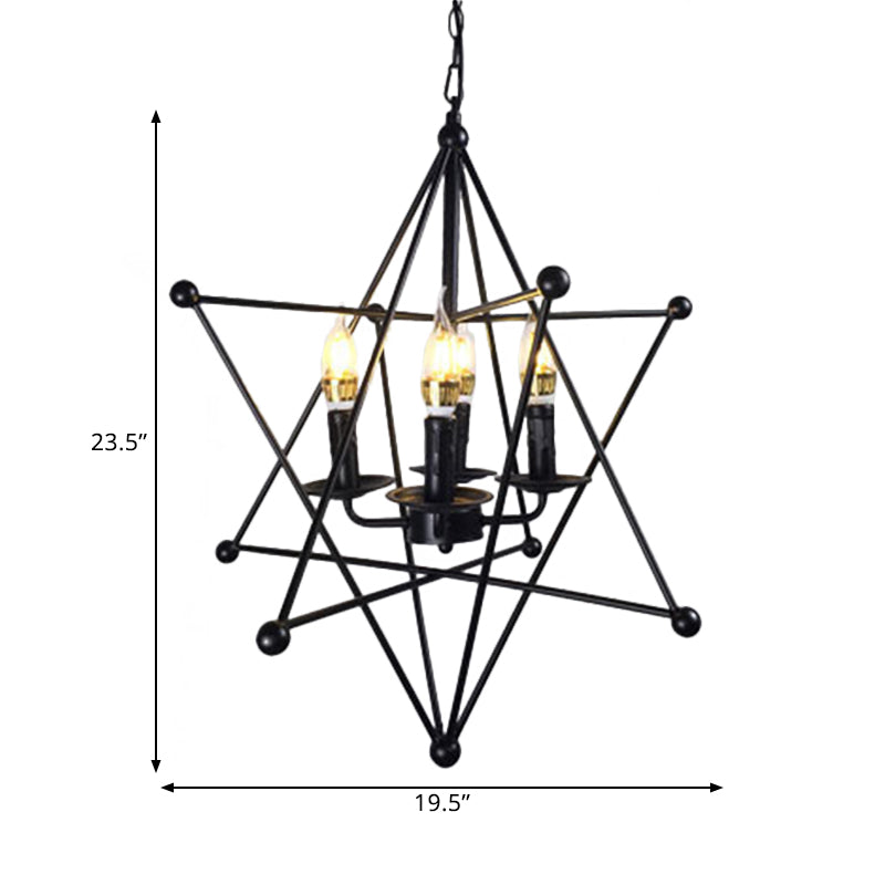 Black Star Cage Chandelier Pendant Light with Candle Retro Style Iron 4 Heads Dining Room Ceiling Light