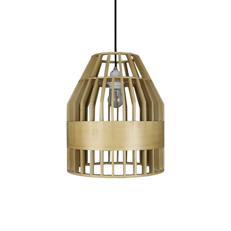 Japanese Bird Cage Pendant Light Fixture Wooden 1 Light Restaurant Hanging Ceiling Light in Yellow