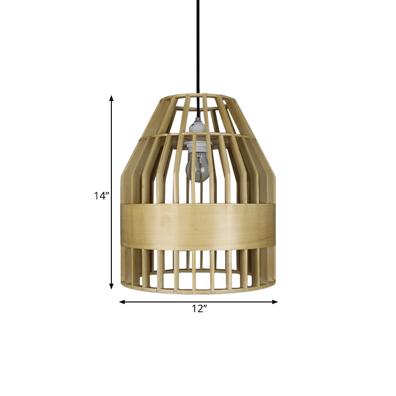 Japanese Bird Cage Pendant Light Fixture Wooden 1 Light Restaurant Hanging Ceiling Light in Yellow