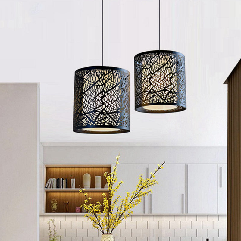 1 Light Drum Pendant Lighting Modern Black Iron Shade Hanging Ceiling Light with Etched Design