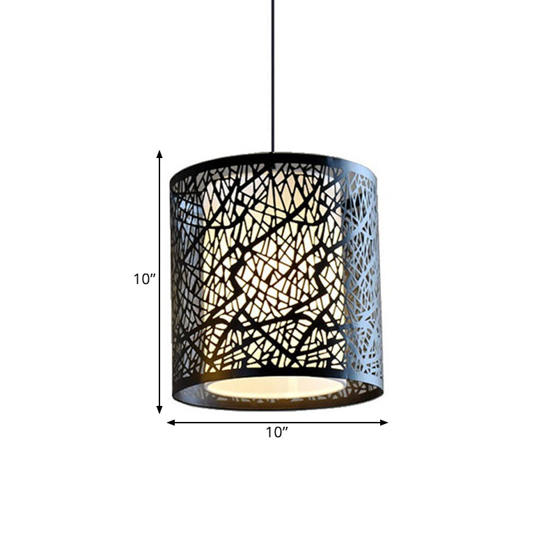 1 Light Drum Pendant Lighting Modern Black Iron Shade Hanging Ceiling Light with Etched Design