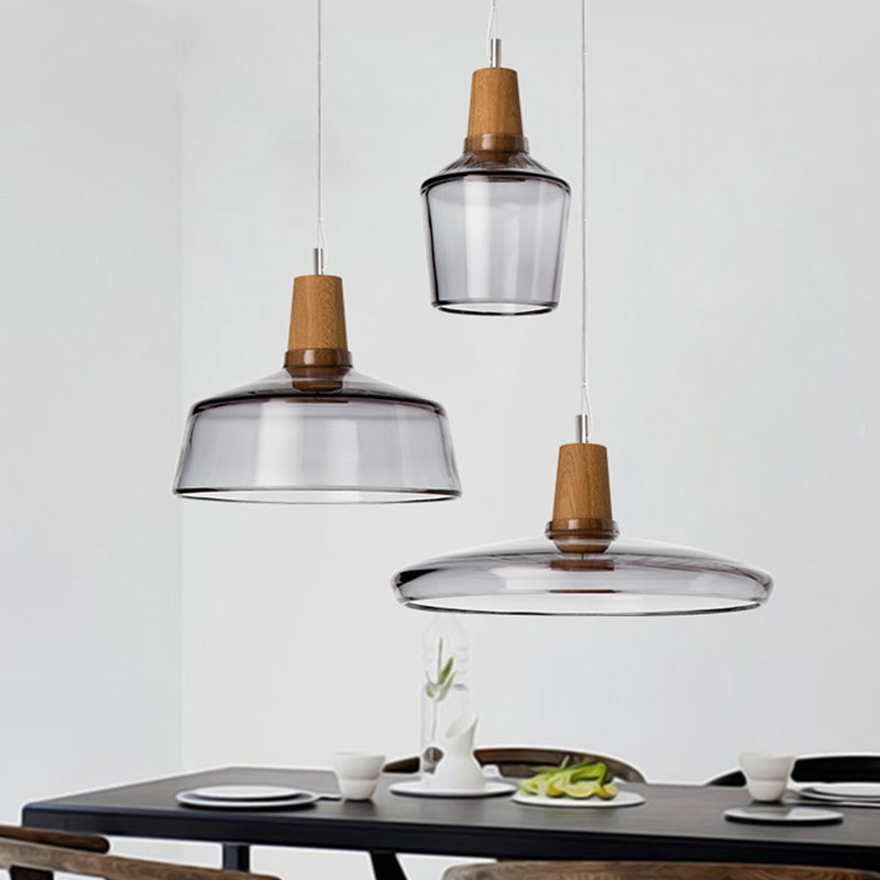 Round Canopy Coffee Shop Multi Pendant Modern Clear/Smoked Glass 3-Light Wood Hanging Ceiling Light