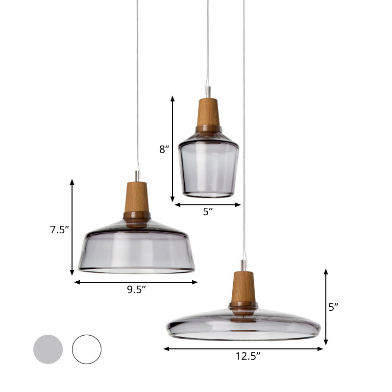 Round Canopy Coffee Shop Multi Pendant Modern Clear/Smoked Glass 3-Light Wood Hanging Ceiling Light