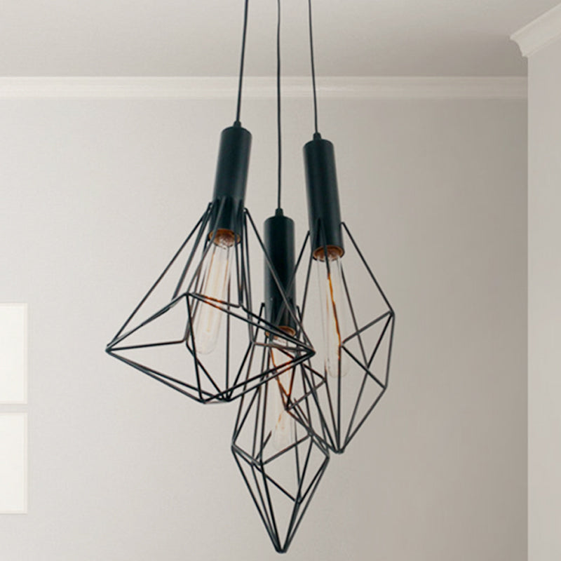 Abstract Cage Cafe Pendant Hanging Light Iron 3 Lights Industrial Ceiling Light in Black