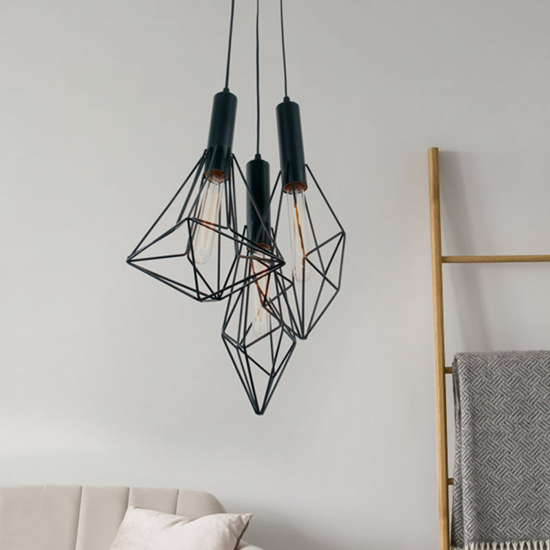 Abstract Cage Cafe Pendant Hanging Light Iron 3 Lights Industrial Ceiling Light in Black