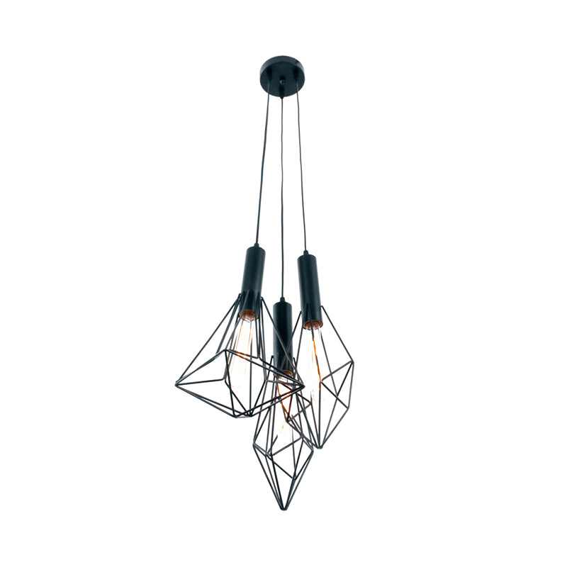 Abstract Cage Cafe Pendant Hanging Light Iron 3 Lights Industrial Ceiling Light in Black