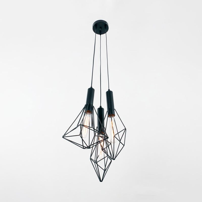 Abstract Cage Cafe Pendant Hanging Light Iron 3 Lights Industrial Ceiling Light in Black