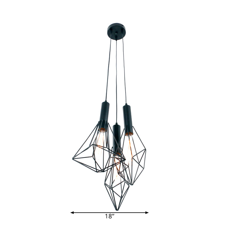 Abstract Cage Cafe Pendant Hanging Light Iron 3 Lights Industrial Ceiling Light in Black