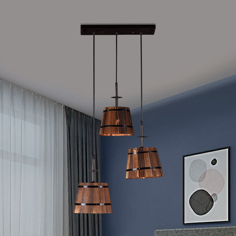 3-Bulb Bucket Pendant Light Rustic Stylish Wooden Hanging Lamp in Brown for Villa