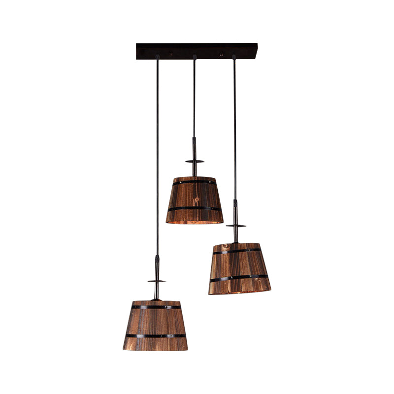 3-Bulb Bucket Pendant Light Rustic Stylish Wooden Hanging Lamp in Brown for Villa