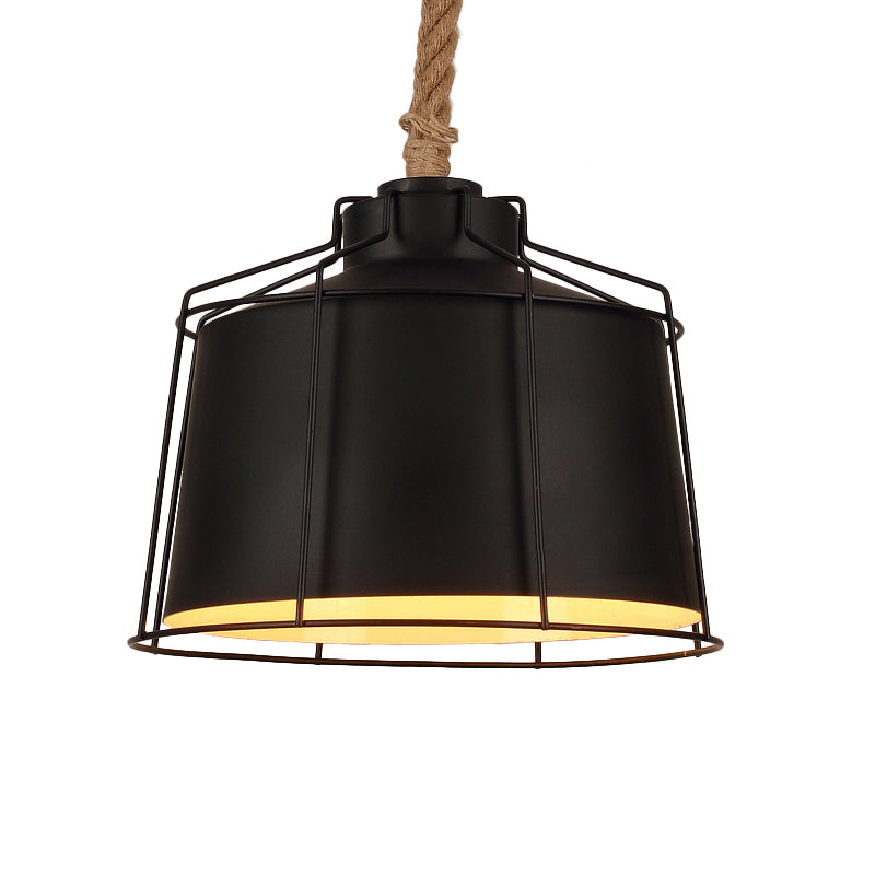 Metallic Tapered Ceiling Pendant Light Loft Style 1 Light Restaurant Ceiling Light with Wire Frame and Rope Cord in Black