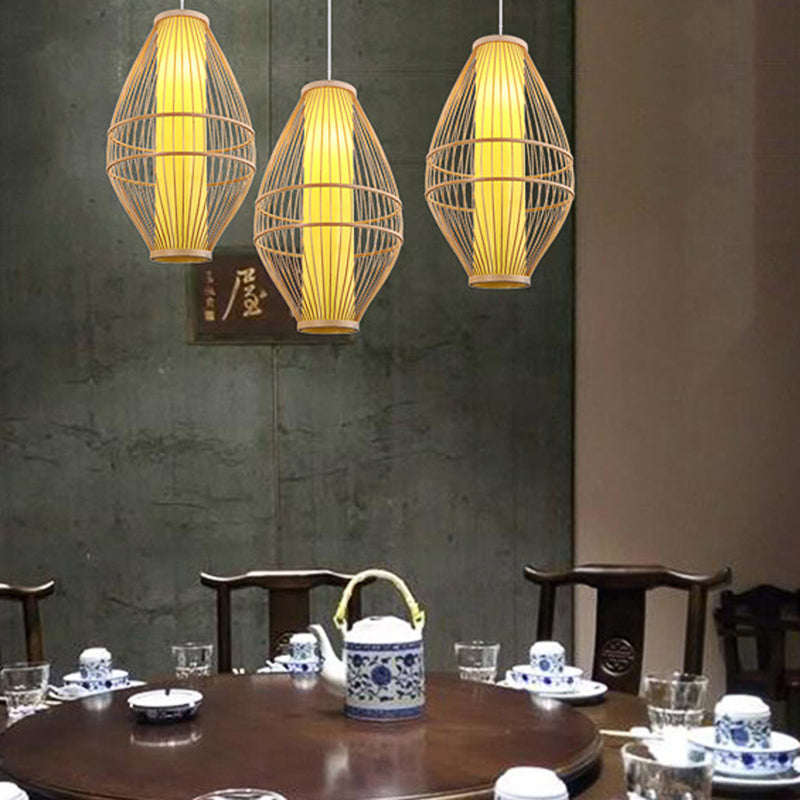 Beige Hand-Woven Hanging Light with Oval Shade Asian Style 1-Light Bamboo Pendant Lamp