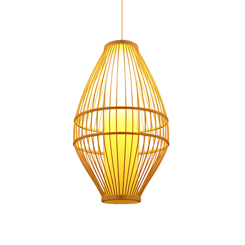 Beige Hand-Woven Hanging Light with Oval Shade Asian Style 1-Light Bamboo Pendant Lamp