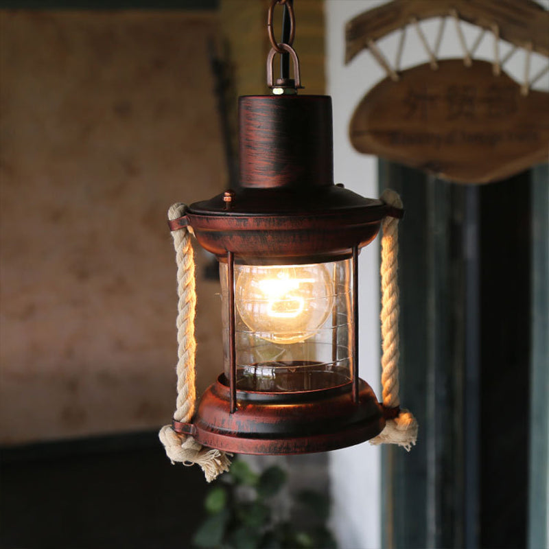 Kerosene Pendant Lighting Coastal Single Light Clear Glass Hanging Ceiling Light in Antique Brass/Weathered Copper, 6"/8.5" Wide