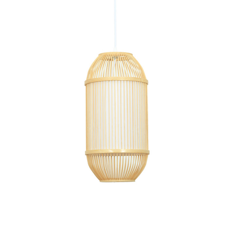 Länglicher Schatten Hanging Lamp Country Style Bambus 1-Licht beige Deckenleuchte für Schlafzimmer