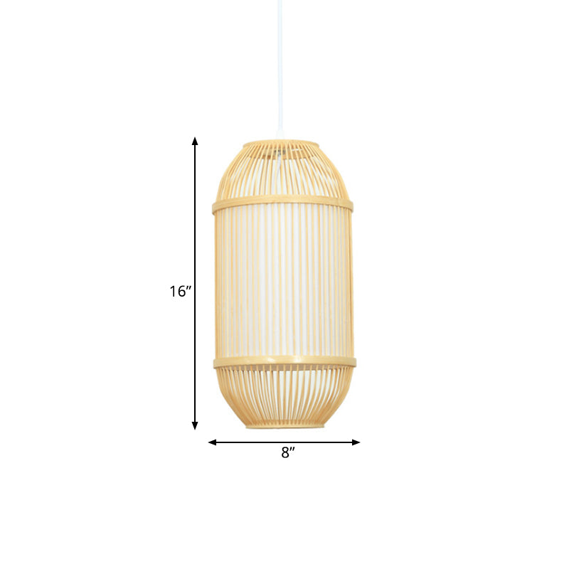 Länglicher Schatten Hanging Lamp Country Style Bambus 1-Licht beige Deckenleuchte für Schlafzimmer