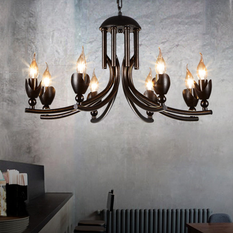 Dark Rust 8 Bulbs Chandelier Lighting Retro Style Wrought Iron Candle Pendant Lamp with Curved Arm