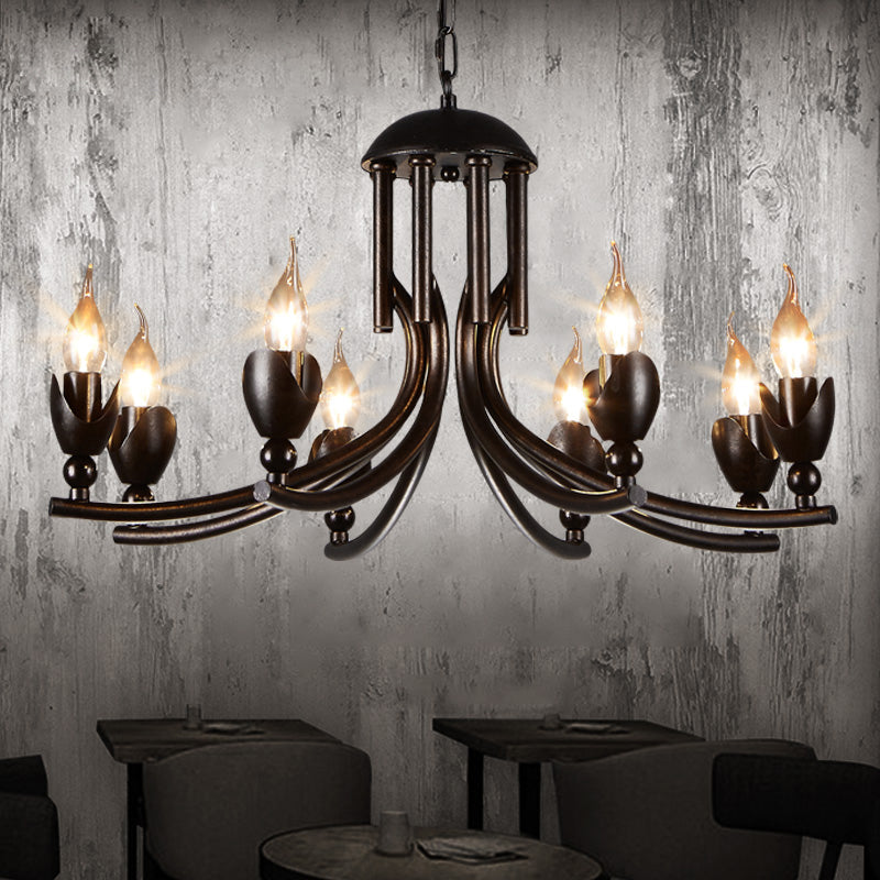 Dark Rust 8 Bulbs Chandelier Lighting Retro Style Wrought Iron Candle Pendant Lamp with Curved Arm