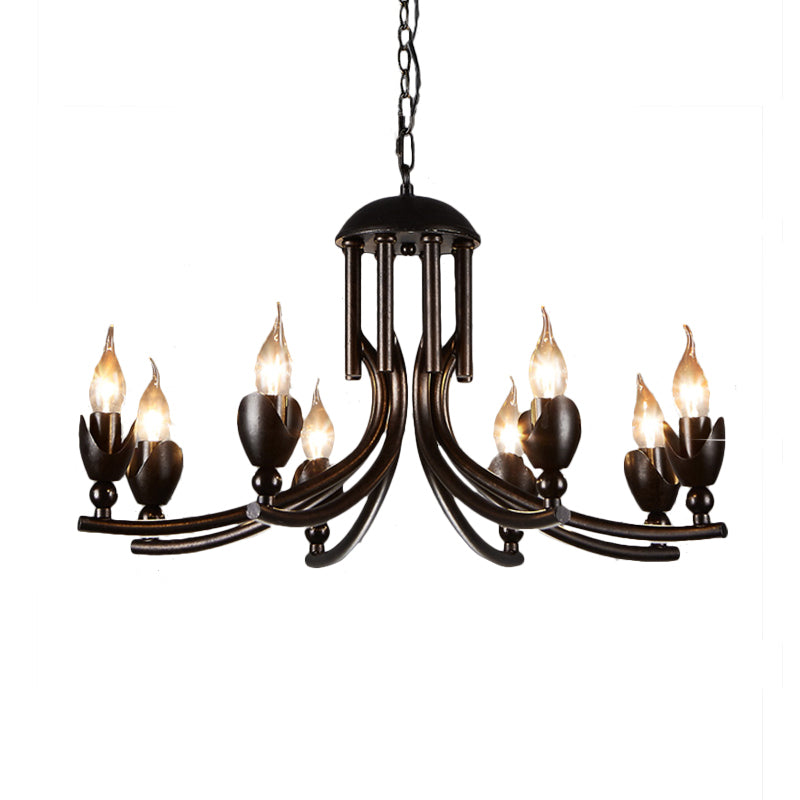 Dark Rust 8 Bulbs Chandelier Lighting Retro Style Wrought Iron Candle Pendant Lamp with Curved Arm