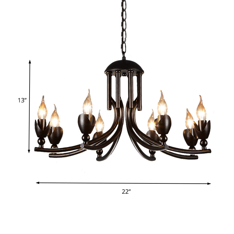 Dark Rust 8 Bulbs Chandelier Lighting Retro Style Wrought Iron Candle Pendant Lamp with Curved Arm