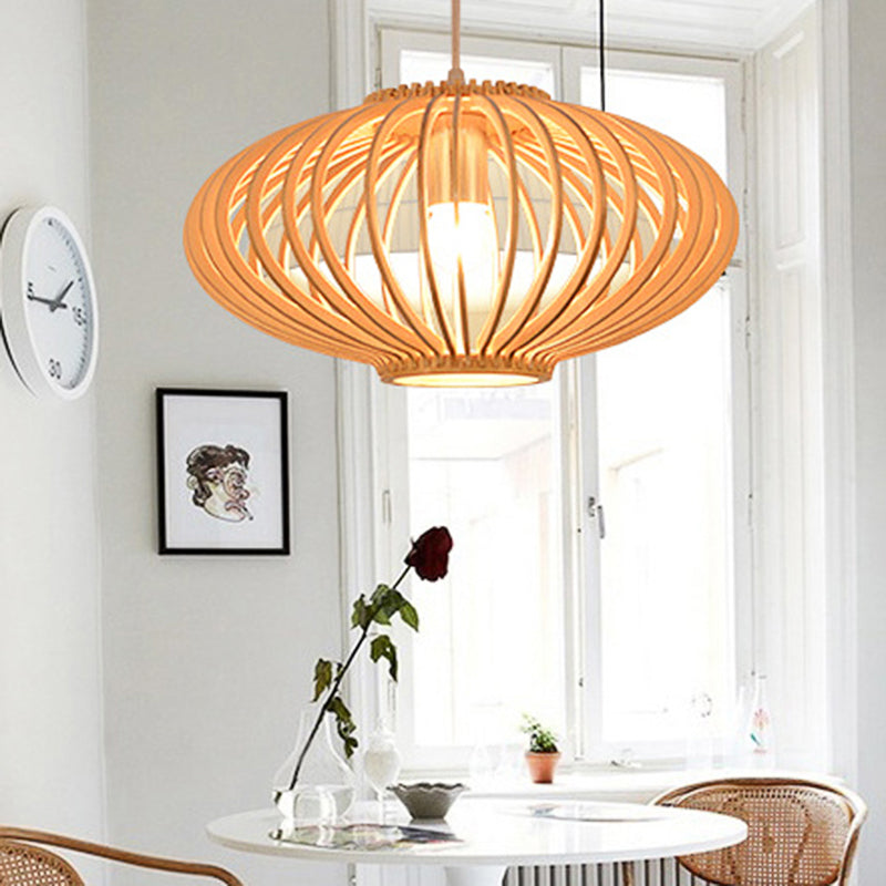 Contemporary Style Lantern Design Hanging Light Wooden 1 Light Living Room Pendant Lamp in Beige