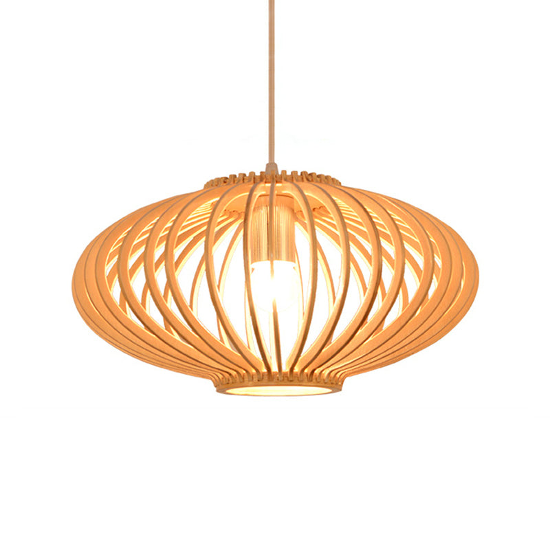 Contemporary Style Lantern Design Hanging Light Wooden 1 Light Living Room Pendant Lamp in Beige