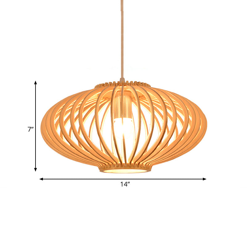 Contemporary Style Lantern Design Hanging Light Wooden 1 Light Living Room Pendant Lamp in Beige