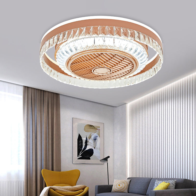 Crystal Blocks Copper Pendant Fan Lamp Round LED Contemporary Semi-Flush Ceiling Light, 23" Wide