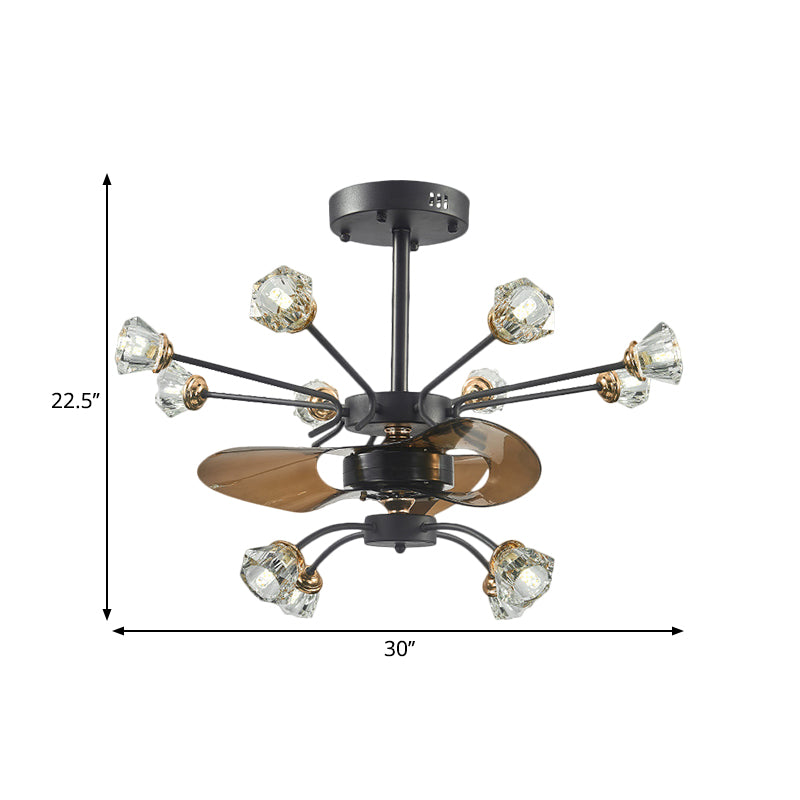 Traditional Swirled Arms Semi-Flush Mount 12 Heads Crystal Floral Shade 3 Blades Hanging Fan Lamp in Black, 30" Wide