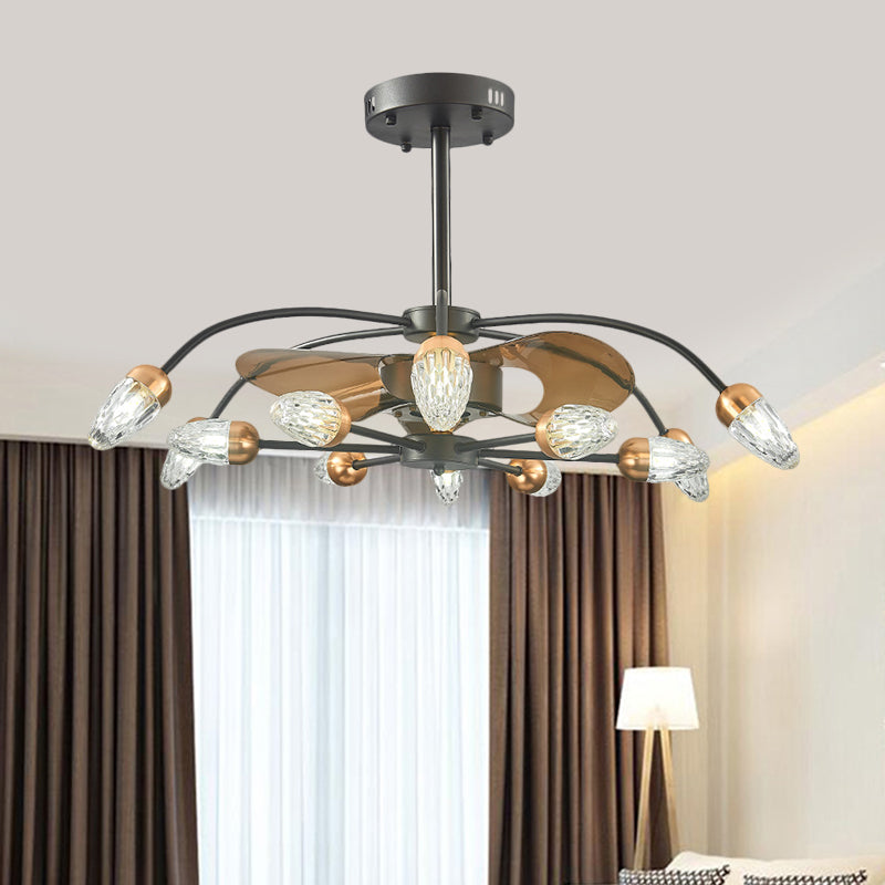 3 Blades 12 Bulbs Ceiling Fan Light Traditional Scrolls Crystal Teardrop Shade Semi Flush in Black, 36.5" Wide