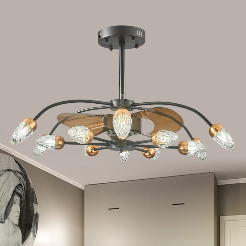 3 Blades 12 Bulbs Ceiling Fan Light Traditional Scrolls Crystal Teardrop Shade Semi Flush in Black, 36.5" Wide