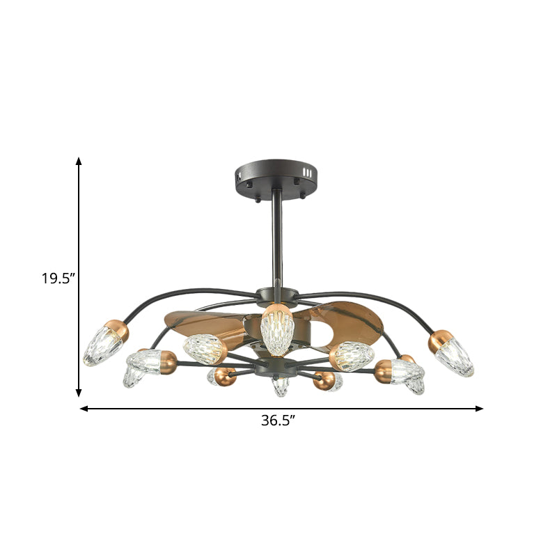 3 messen 12 lampen plafondventilator licht traditionele rollen kristal traan traanschaduw semi spoeling in zwart, 36,5 "breed