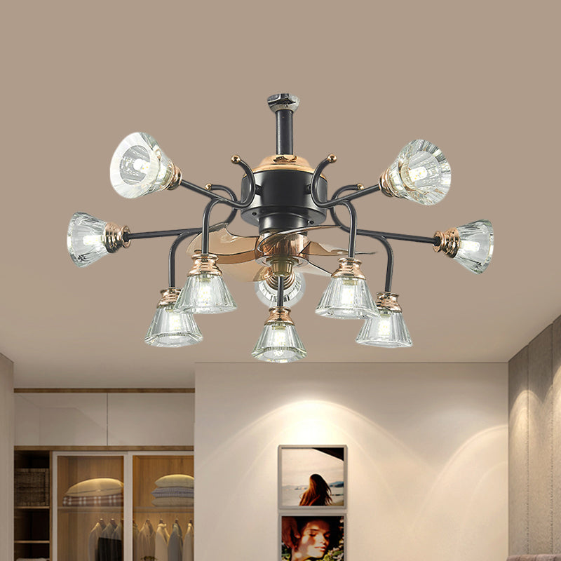 Curved Arms Crystal Bell Shade Semi Flush Traditional 10 Bulbs Living Room 5 Blades Ceiling Fan Light, 25.5" Wide