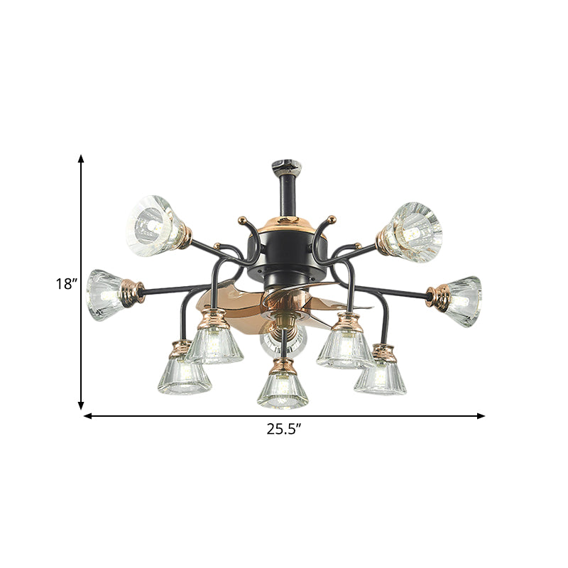 Gebogen armen kristallen bel schaduw semi -spoel traditionele 10 bollen woonkamer 5 messen plafondventilator licht, 25,5 "breed