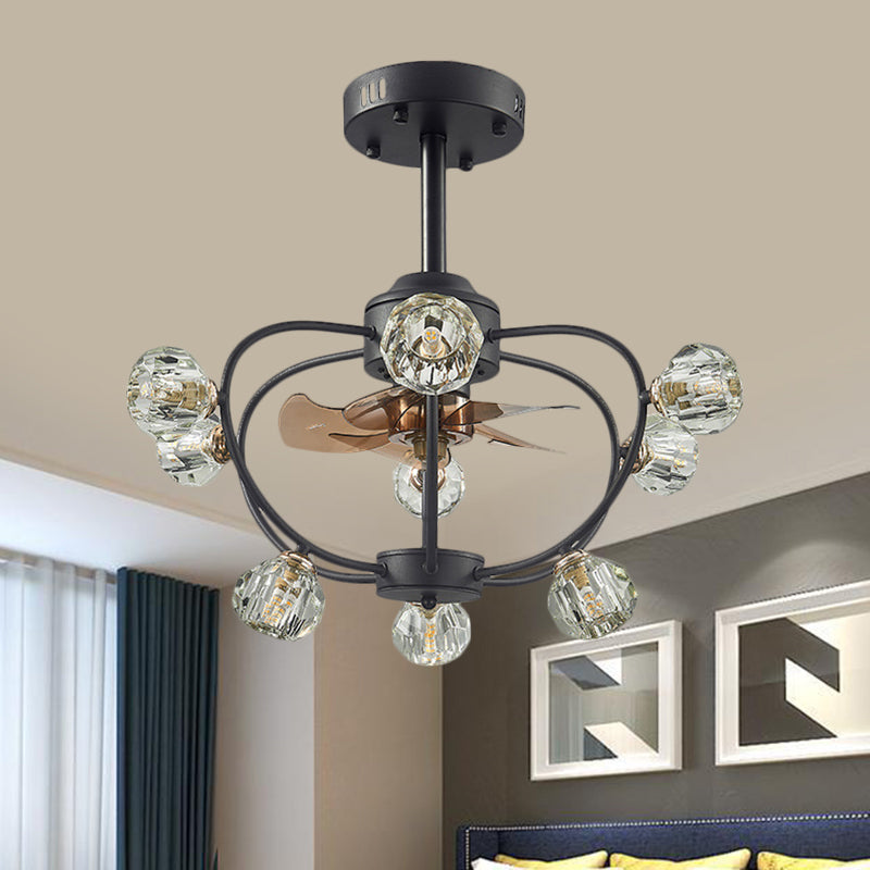 9 Bulbs Curved Metal Frame Pendant Fan Light Traditional Black Crystal Orb Shade Semi Flush with 5 Blades, 24.5" Wide