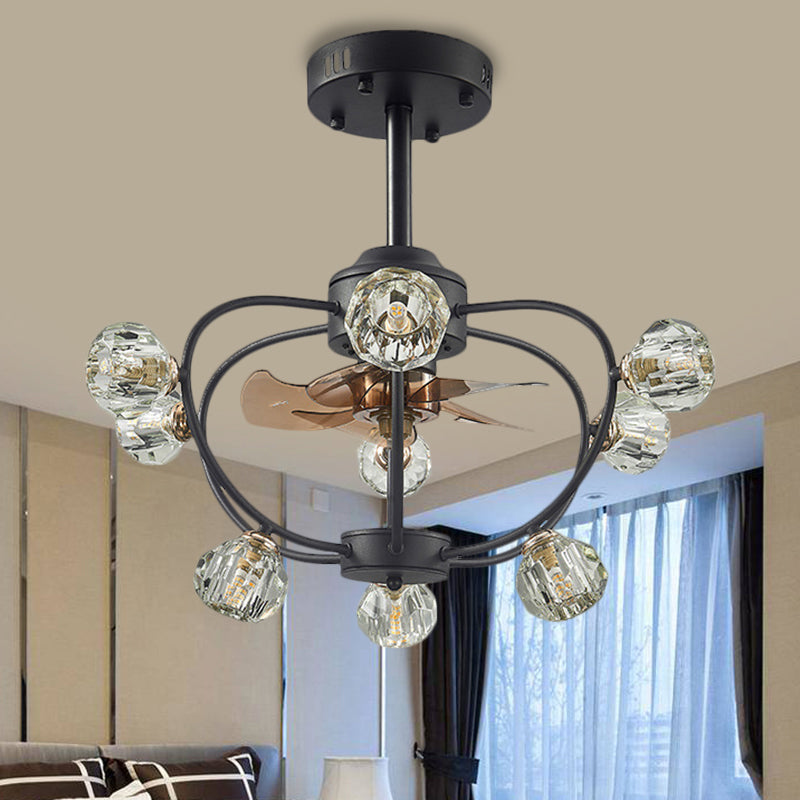 9 Bulbs Curved Metal Frame Pendant Fan Light Traditional Black Crystal Orb Shade Semi Flush with 5 Blades, 24.5" Wide