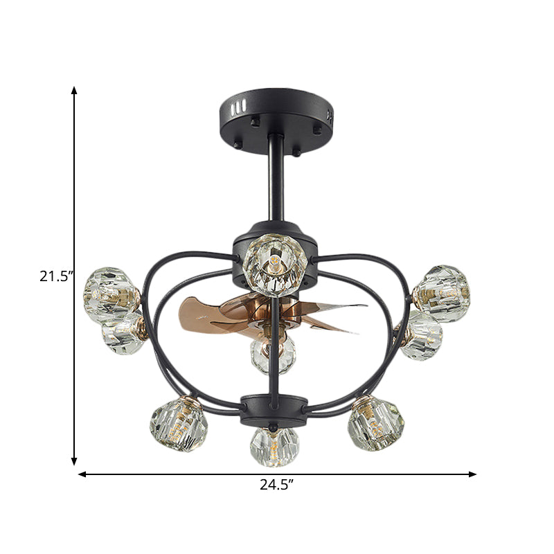 9 Bulbs Curved Metal Frame Pendant Fan Light Traditional Black Crystal Orb Shade Semi Flush with 5 Blades, 24.5" Wide