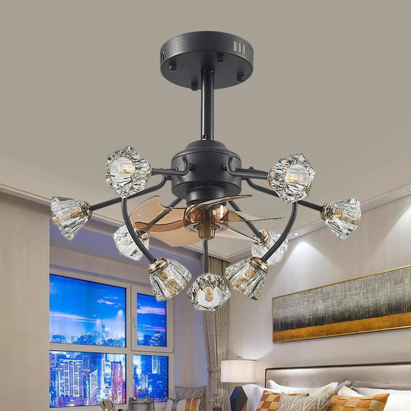 Traditional Curvy Arms Hanging Fan Lamp 9 Heads Crystal Bell Shade 5 Blades Semi Flush Light in Black, 23.5" Width