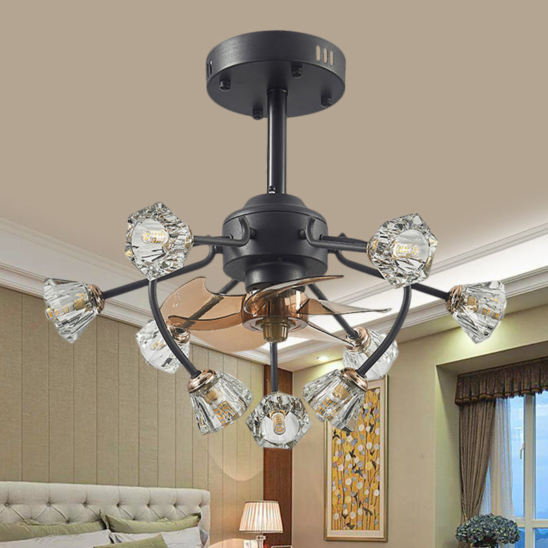 Traditional Curvy Arms Hanging Fan Lamp 9 Heads Crystal Bell Shade 5 Blades Semi Flush Light in Black, 23.5" Width