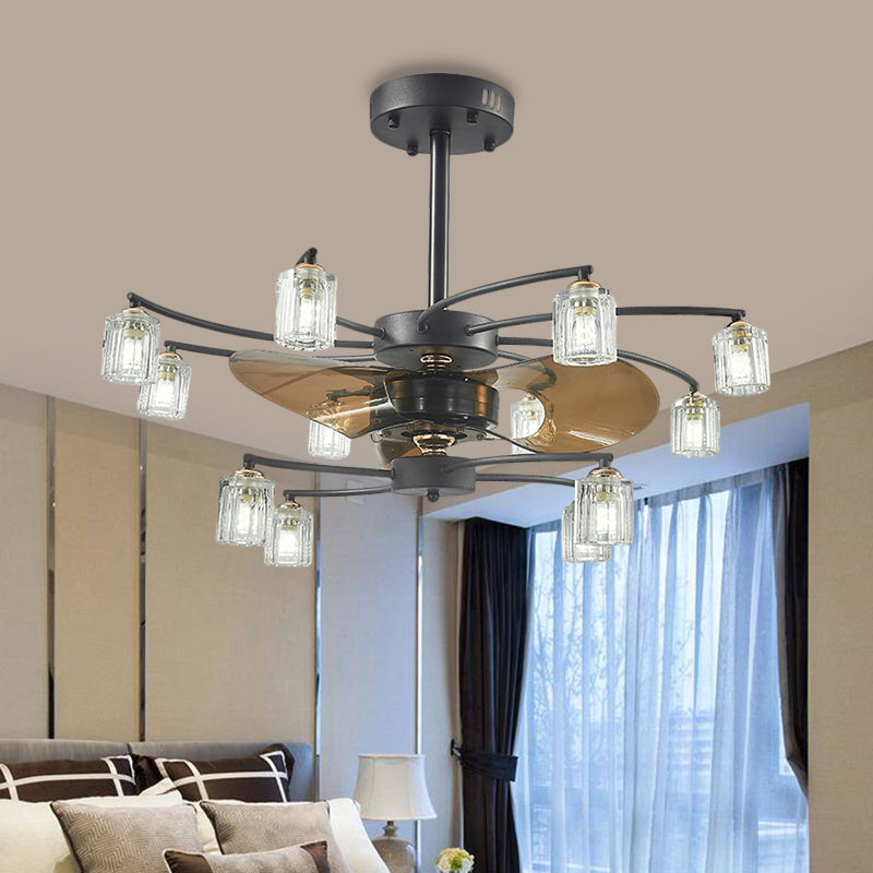 12 Bulbs Pendant Fan Light Traditional Swirled Arms Crystal Cylinder Shade 3 Blades Semi-Flush Mount, 31.5" Wide