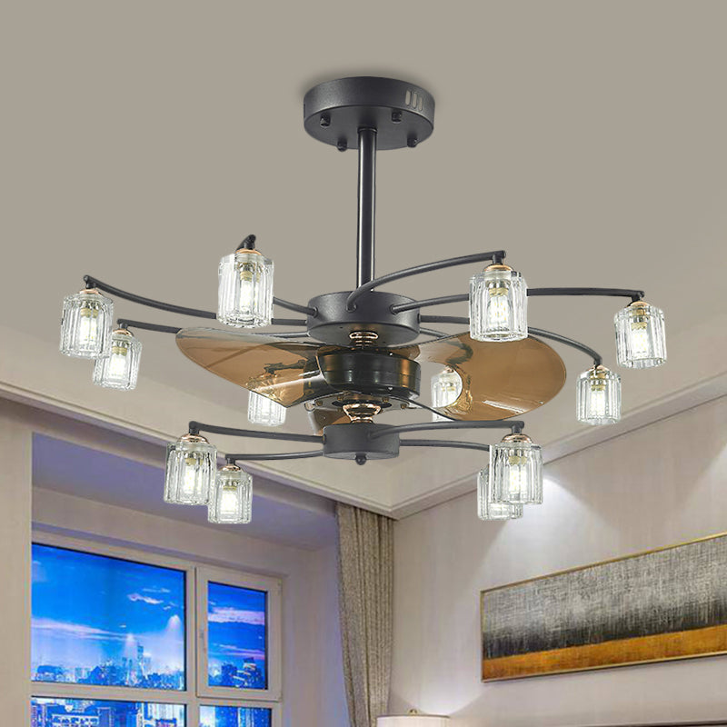 12 Bulbs Pendant Fan Light Traditional Swirled Arms Crystal Cylinder Shade 3 Blades Semi-Flush Mount, 31.5" Wide