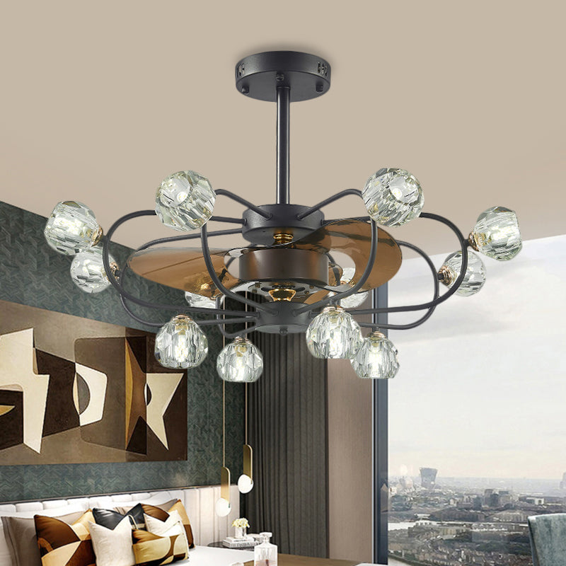 Traditional Swirling Metal Frame Semi Flush 12 Heads Crystal Ball Shade Ceiling Fan Lamp in Black with 3 Blades, 33.5" Wide