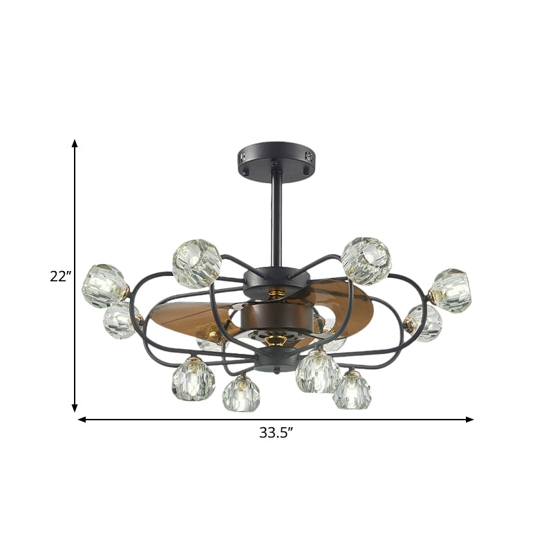 Traditional Swirling Metal Frame Semi Flush 12 Heads Crystal Ball Shade Ceiling Fan Lamp in Black with 3 Blades, 33.5" Wide