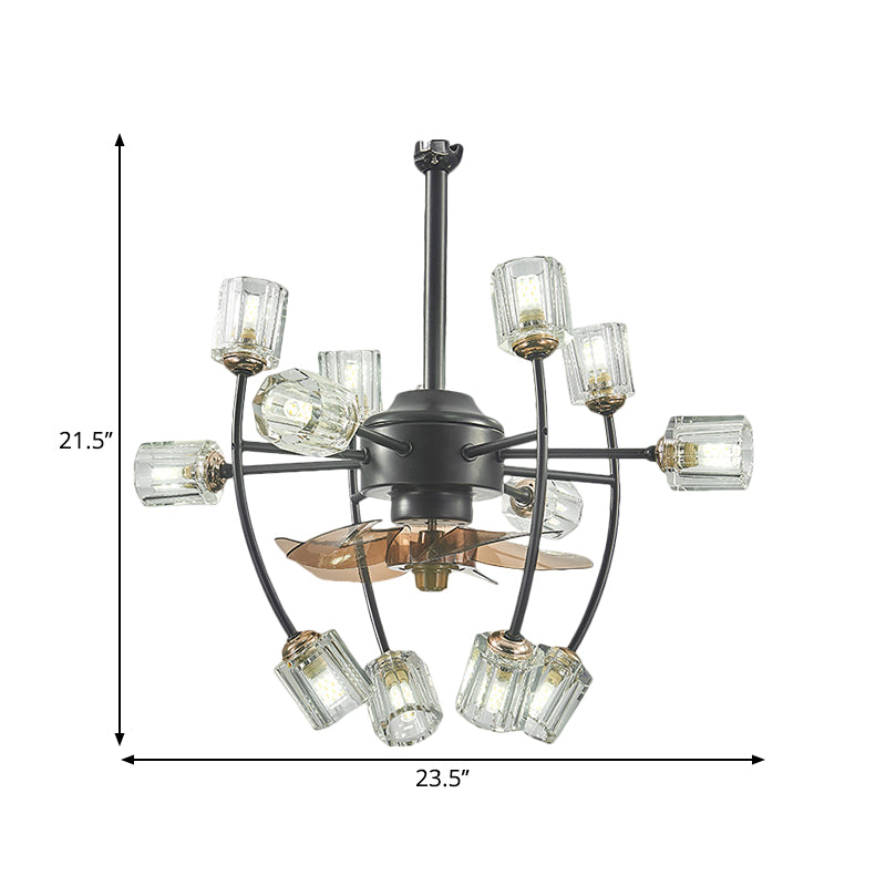 23.5 Wide 12 Bulbs Hanging Fan Light Traditional Scroll Frame Crystal Cylinder Shade 3 Blades Semi-Flush in Black