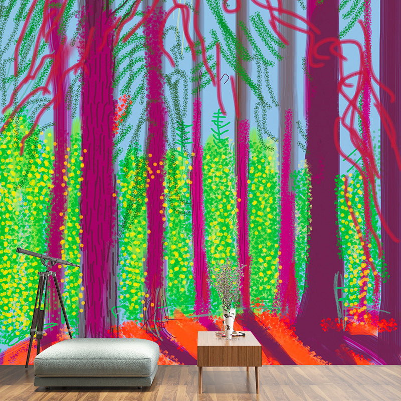 Purple-Green Forest Sunrise Mural Wallpaper Stain Resistant Wall Art for Living Room