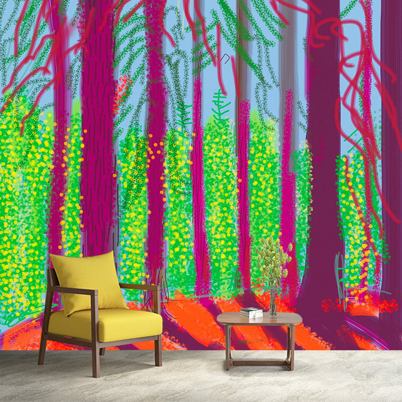 Purple-Green Forest Sunrise Mural Wallpaper Stain Resistant Wall Art for Living Room