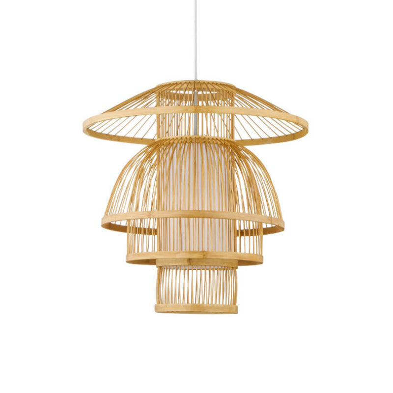 Tiered Dining Room Pendant Lighting Bamboo 1-Light Asian Stylish Hanging Lamp in Beige